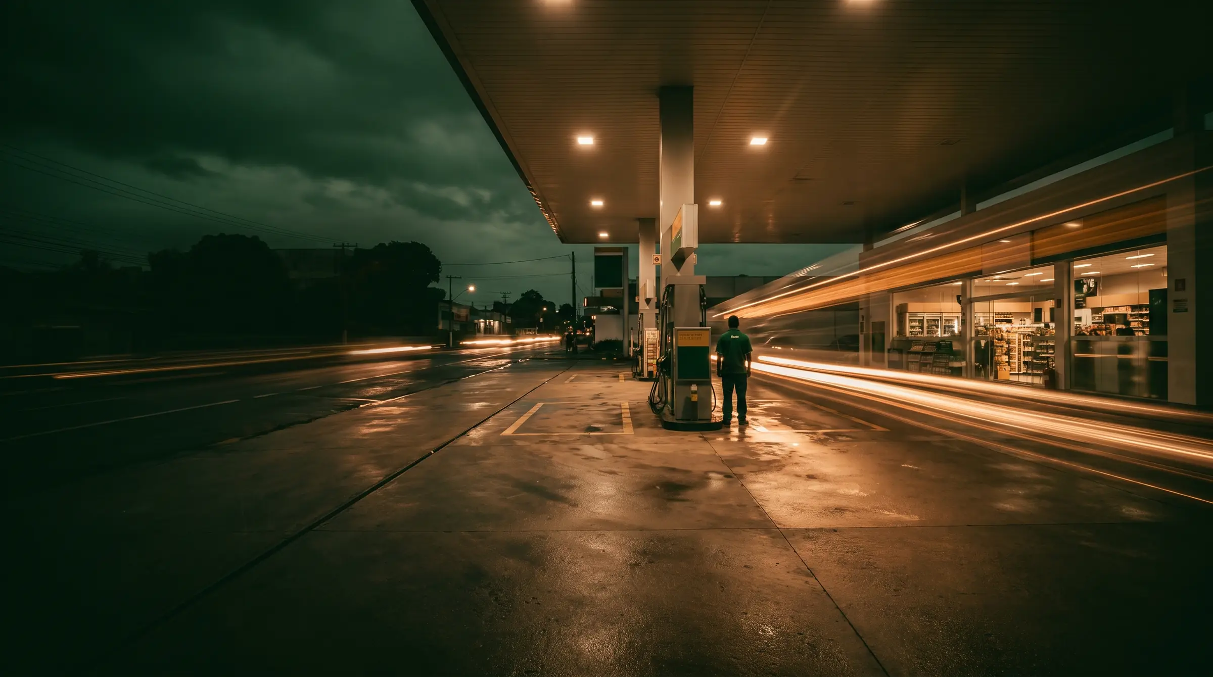 Posto de combustível ao anoitecer com rastros de luz